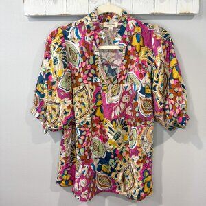 Umgee Boho Floral Paisley V-Neck Blouse Size Small Multicolor EUC